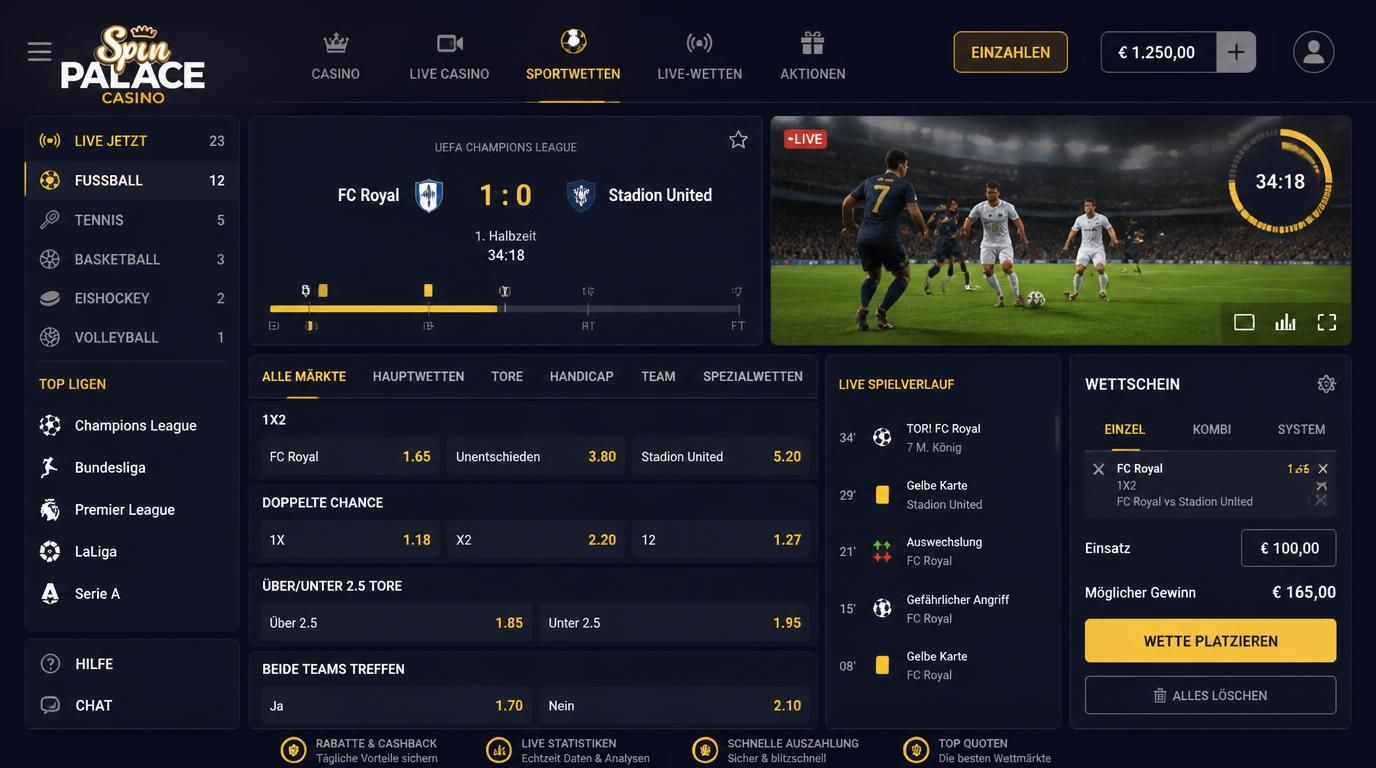Ein Live-Wetten-Moment auf Spin Palace Casino, Fußballspiel mit Echtzeit-Quoten