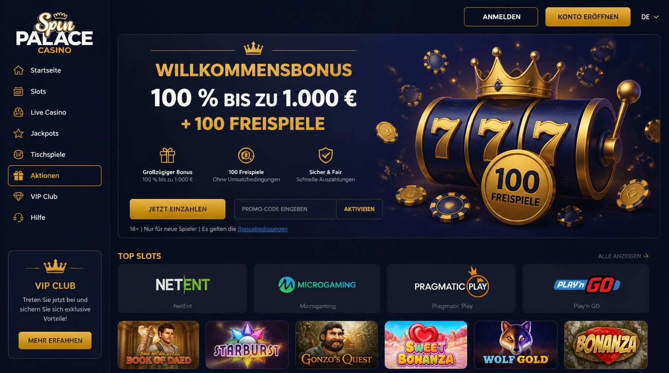 Ein glücklicher Spieler entspannt sich vor hell leuchtendem Slot-Screen mit Text “Willkommensbonus: 100 % bis zu 1.000 € + 100 Freispiele”.