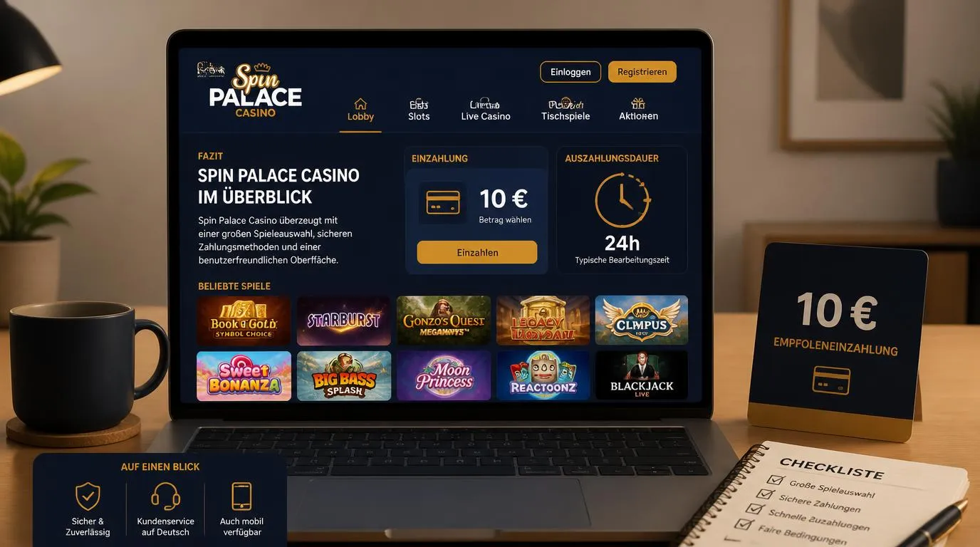 Casino-Oberfläche mit 10 € Einzahlung, Uhr für Auszahlungen und einer Auswahl an Spielkacheln