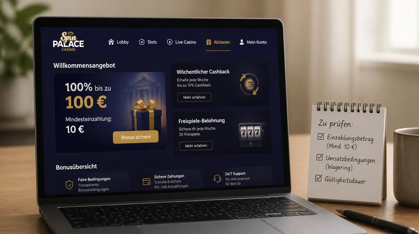 Casino-Bonusübersicht mit 100 € Willkommensbonus, 10 € Mindesteinzahlung und wöchentlichen Prämien