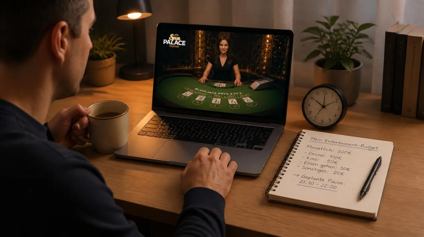 Laptop mit Live-Dealer-Spiel neben Notizbuch für Spielbudget und Uhr