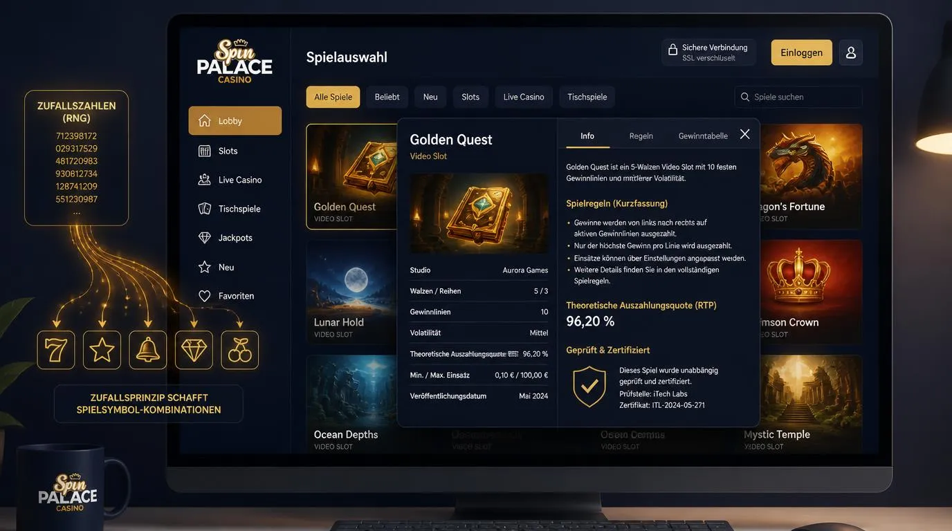 Casino-Spieloberfläche mit sichtbaren Angaben zu Spielestudio, Regeln und Auszahlungsquote