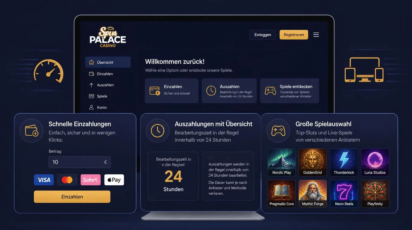 Illustration mit 10 € Mindesteinzahlung, Auszahlungszeit und einer Auswahl an Spielkacheln